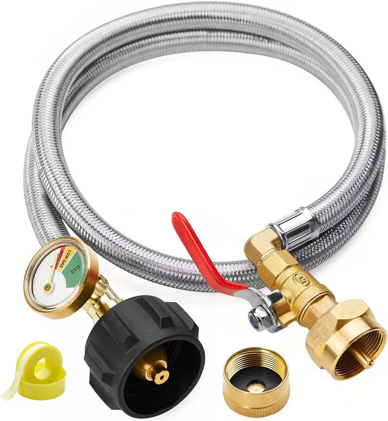 CALPOSE 3 Feet Propane Refill Adapter Hose with Gauge and ON/Off Control Valve, Stainless Steel Extension Propane Refill Hose, Fill 1 Pound Bottles from 20lb Tank - Image 1